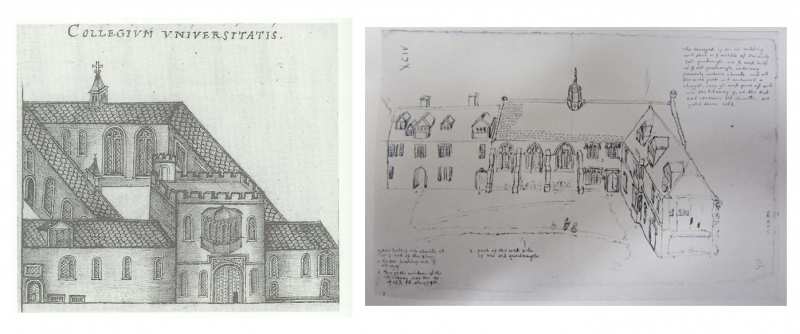 Drawings of University College by John Bereford (left) and Anthony Wood (right)